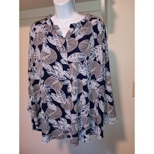 Navy Blue Tropical Leaf Shell Print Roll Tab Sleeve Tunic Top T8004-X-34-BOM